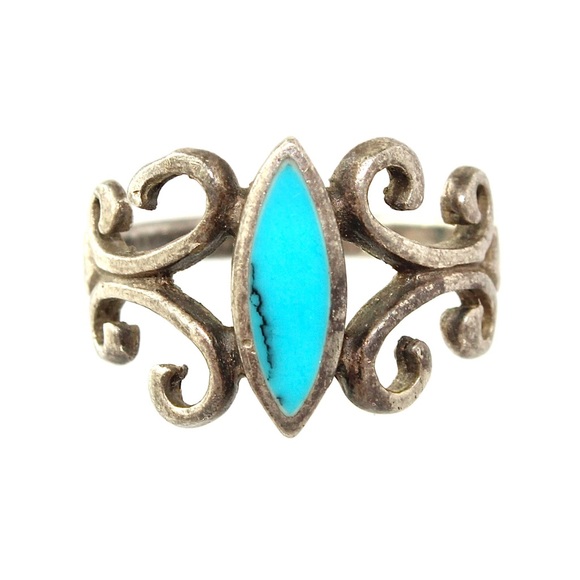 Vintage Faux Turquoise Sterling Silver Ring Size 5.5 Marquise Scroll Filigree - Picture 1 of 5